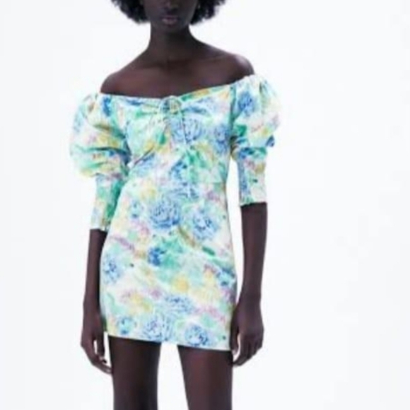 Zara Puff Sleeve Floral Poplin Mini Dress - Picture 3 of 12